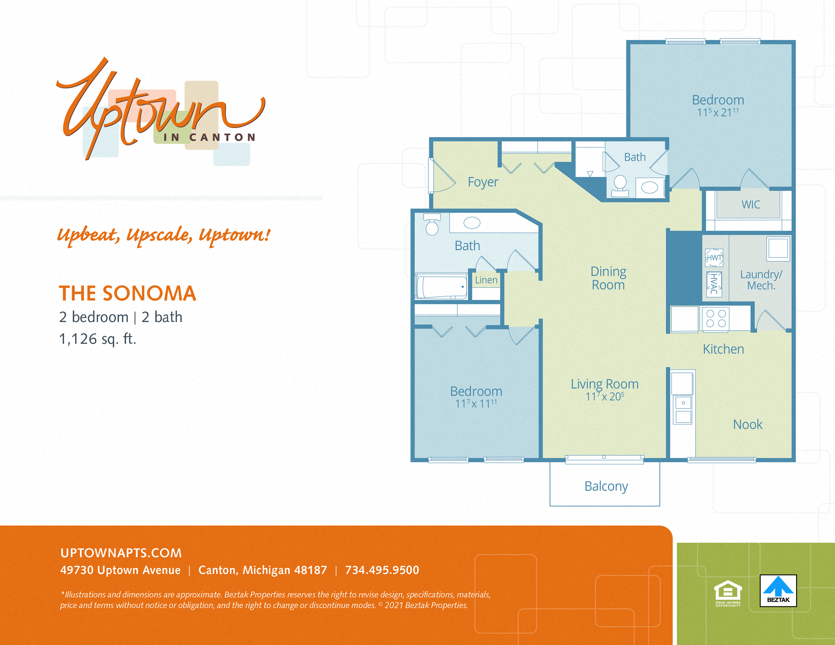 Floor plan for 2 beds, 2 baths, 1126 sqft